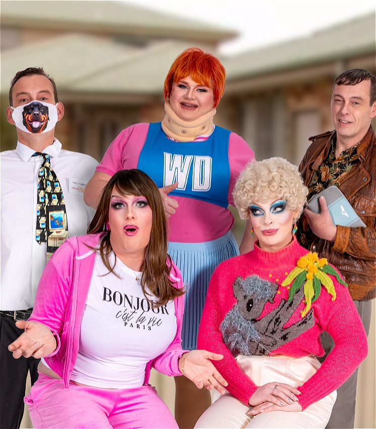 The cast of Fountain Lakes In Lockdown: A Drag Parody Play standing in front of Kath's House. Leasa Mann is dressed as Sharon, Scott Brennan as Kel, Thomas Jaspers as Kim and Art Simone as Kath.