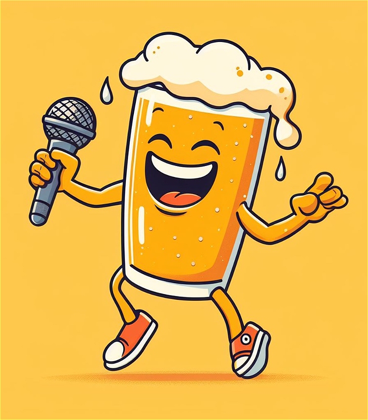 Cartoon personified pint of beer with arms and legs holding microphone while laughing.