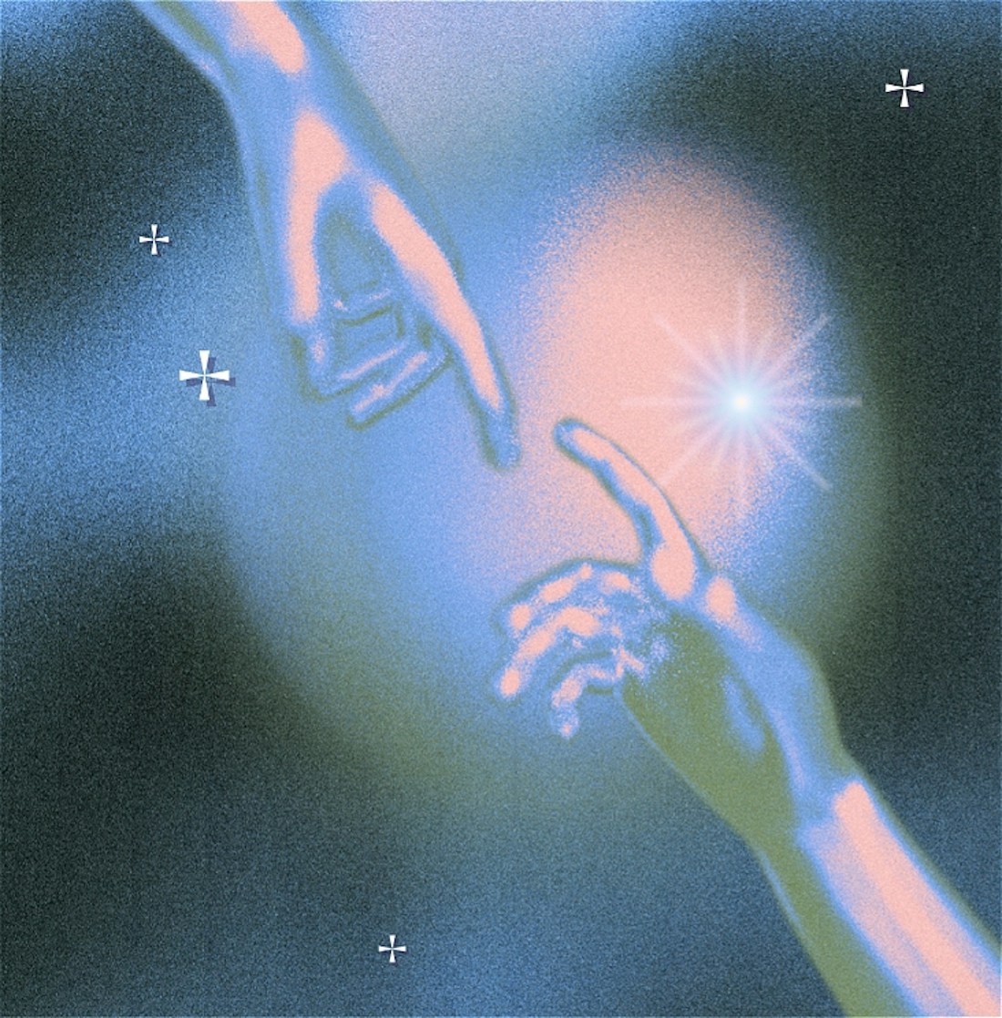 An illustration of two hands reaching towards each other on a dark blue background. There are sparkles around the hands, and a soft grainy, retro quality to the image.