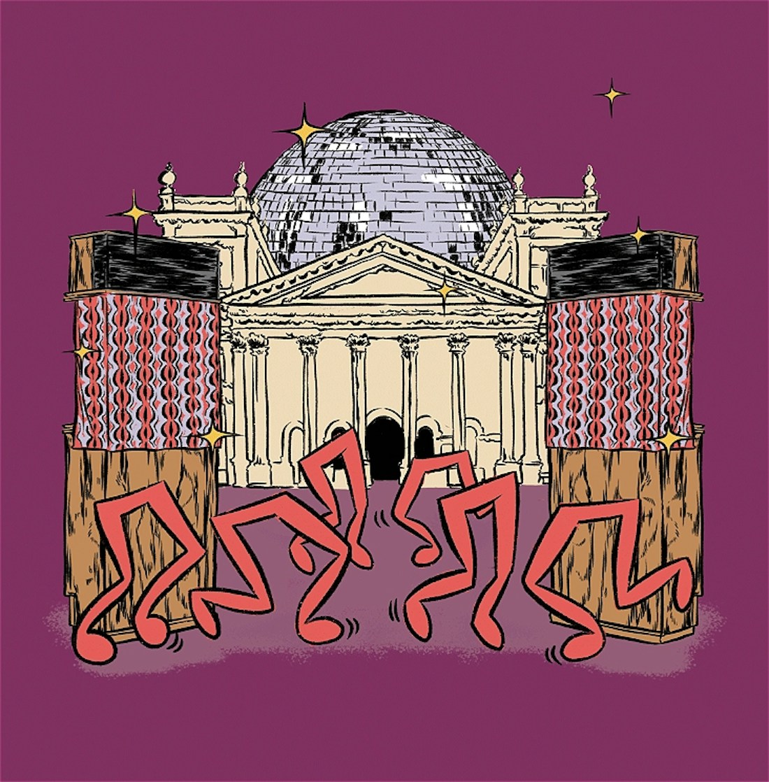 An illustration with a purple background of music notes dancing between speakers in front of the Victorian Trades Hall. The music notes resemble human legs, and the speakers are large and brown. Trades Hall is a large beige building with ornate columns and a classical style. Behind the building is a large disco ball, which emits sparkles.