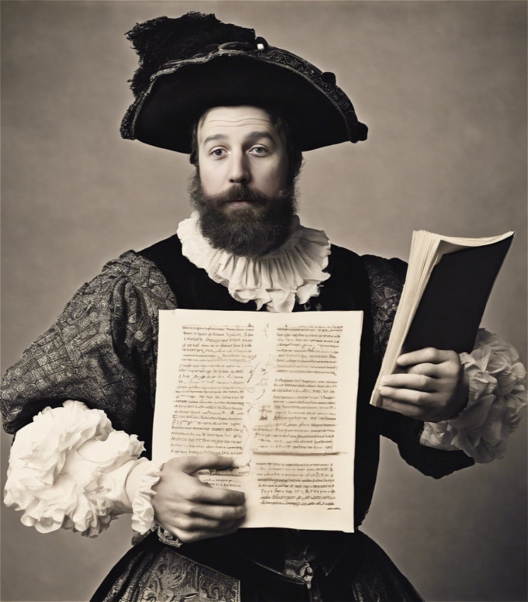 A black and white photo of a shakespearean actor, in fancy vintage attire, poses with two marked up scripts