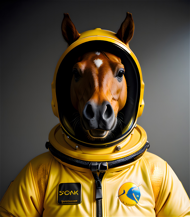 An AI generated image of a horse wearing a bright yellow space suit in front of a grey background.