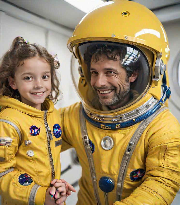 An AI generated image of a man and young girl inside a space station. Both are smiling and wearing yellow space suits.