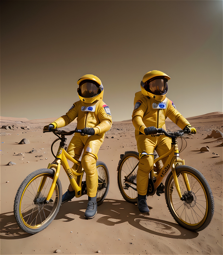 An AI generated image of a two figures wearing yellow space suits with closed helmets. Both are riding BMX-type bicycles on a desolate Martian landscape.