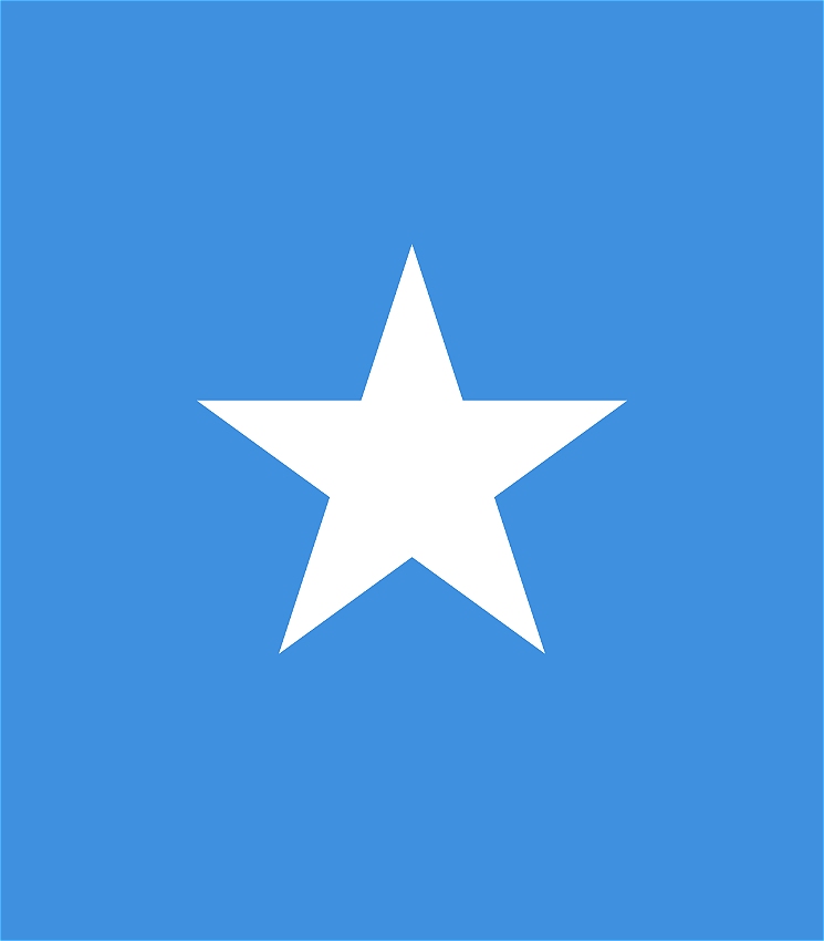 Flag of Somalia featuring a single white five-pointed star in the centre of a light blue field. The design is simple and striking, symbolising unity and peace.