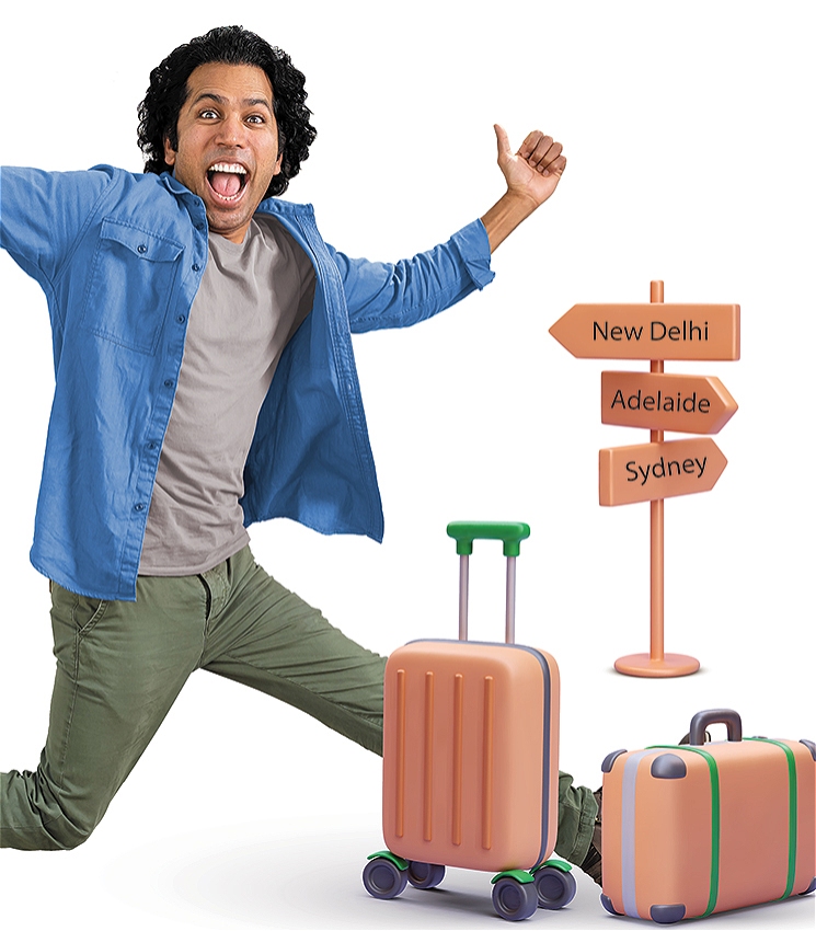 A very happy and excited male in his late 20s, jumping for joy wearing a blue shirt over a grey t-shirt, a green pant and leather boots. Two beige suitcases sit in front of him. Slightly at distance, a milestone points to three directions- New Delhi, Adelaide and Sydney.