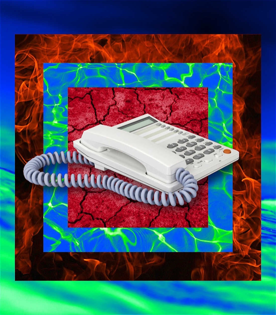 An old school home phone sits on a back ground of layers of cracked earth, water and flames.