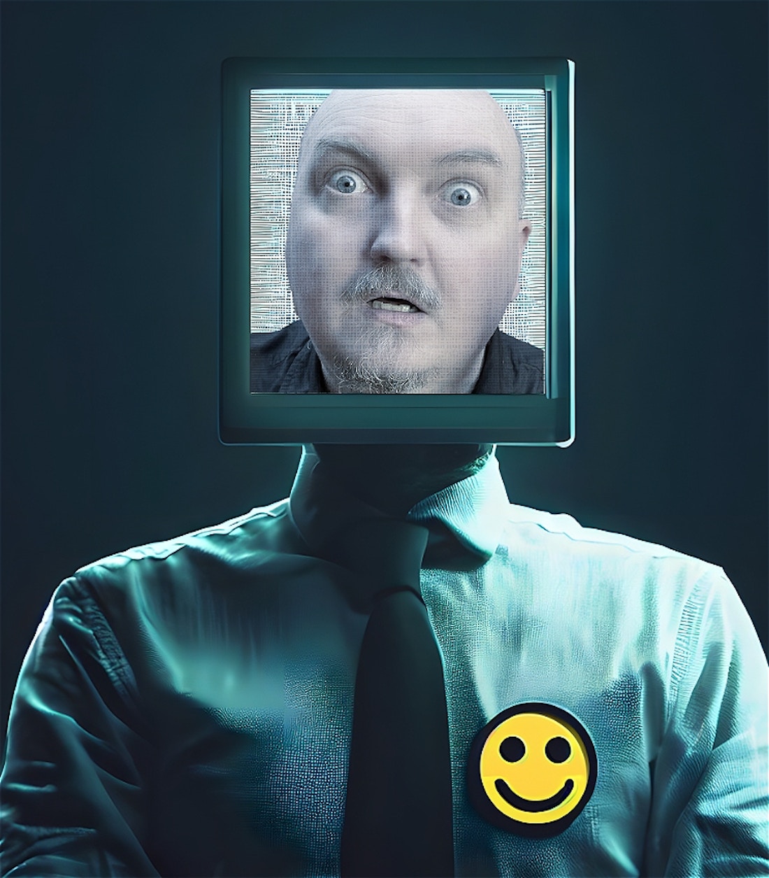 Adam trapped inside a man who has a computer for a face.