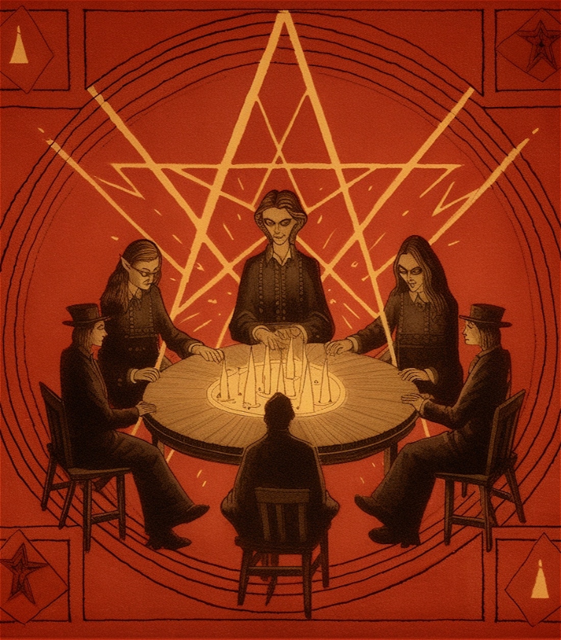 A red background with a yellow pentagram sits behind six people sitting around a table involved in seance
