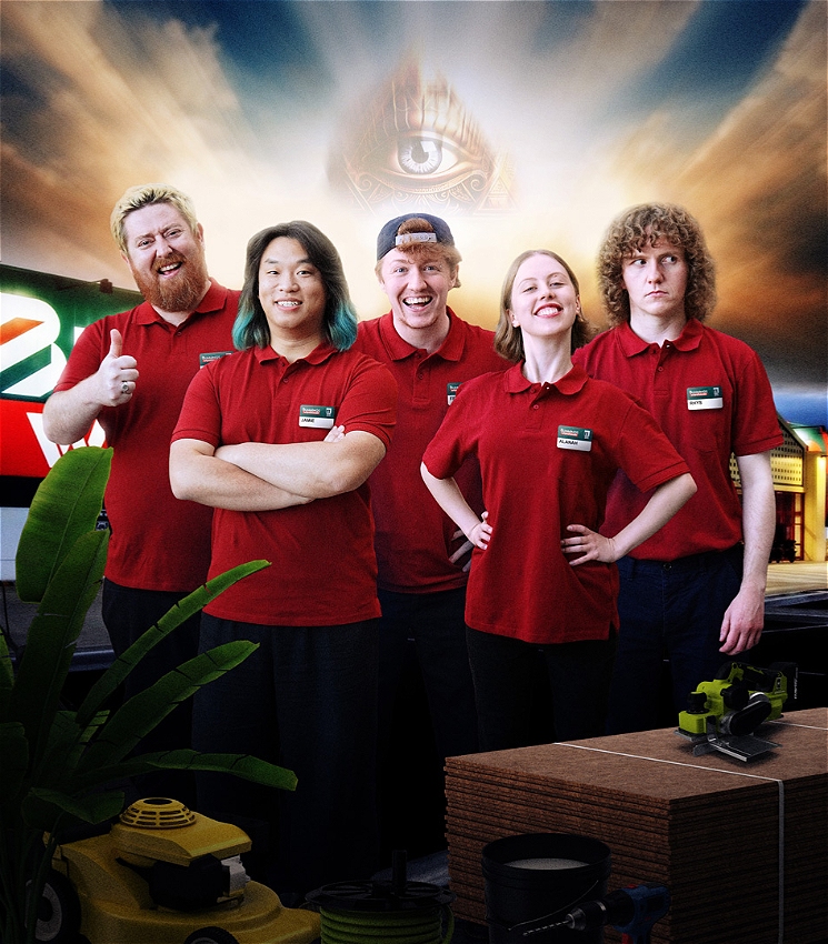 An illuminati eye appears above five retail employees each with a facial expression ranging from excited to circumspect. Each employee is wearing a red polo shirt. In the background is the car park of a familiar hardware store. In the foreground there are a number of items you might buy in a hardware store, such as an electric saw, a lawnmower, a pot plant and timber.