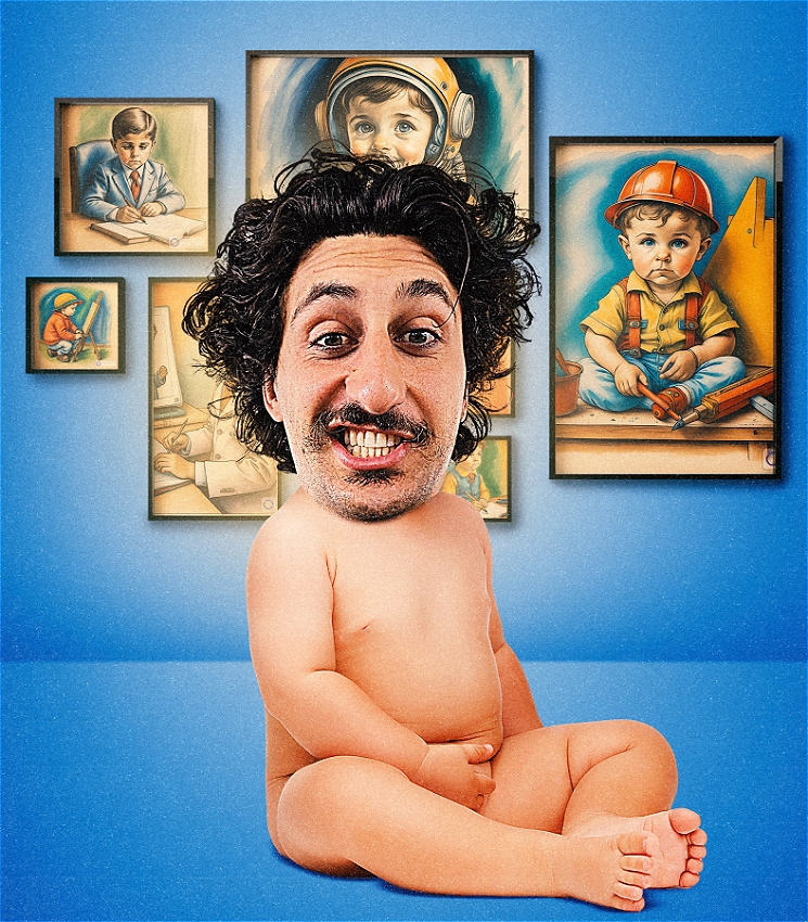 A babies body is sitting with an adult head of performer Jeromaia Detto, who has dark curly hair and a cheeky grin on his face. In the background are a range of small painted portraits of children performing various jobs. There is a builder, doctor, lawyer and artist.