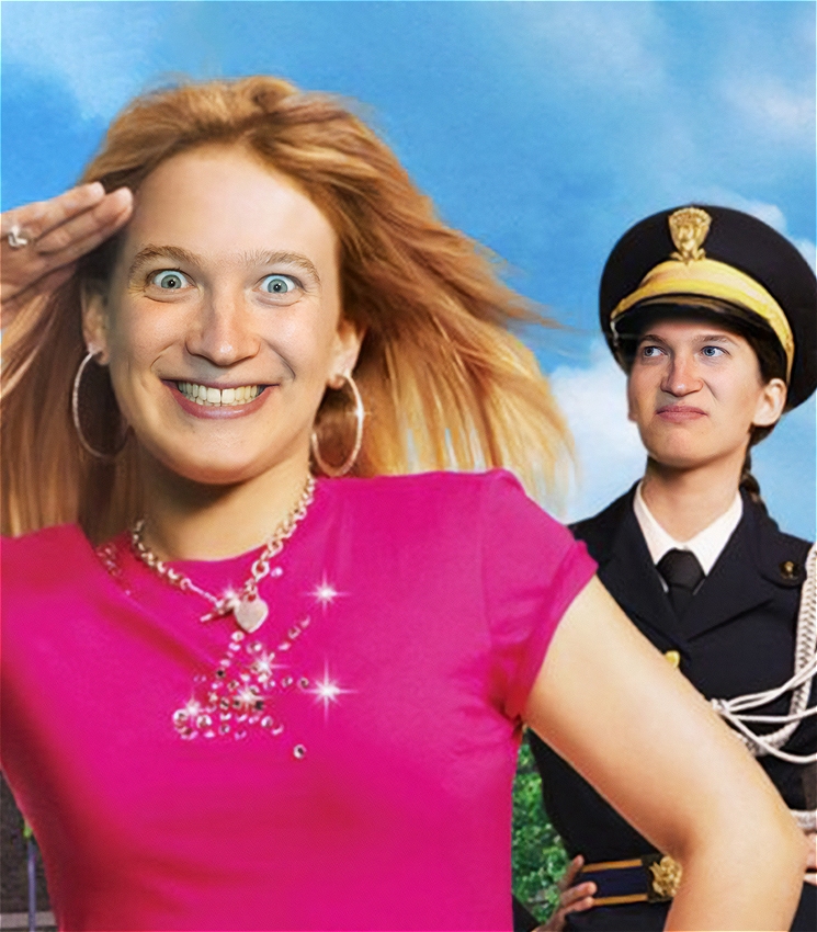 A girl in a pink t shirt and sparkly jewellery salutes while an admiral behind looks at her disapprovingly. Both of their faces have been photoshopped to be Ben, the performer in the show