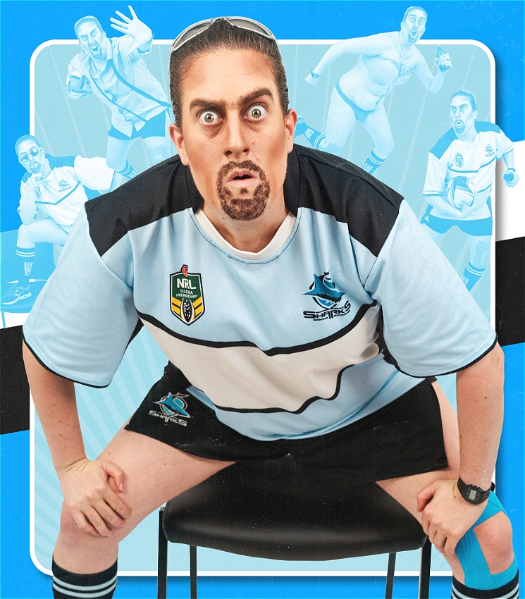 Drag King Scrum has his hands on his knees in a semi seated position. Scrum is wearing a Cronulla Sharks football jersey and there are smaller images of him in the blue background.