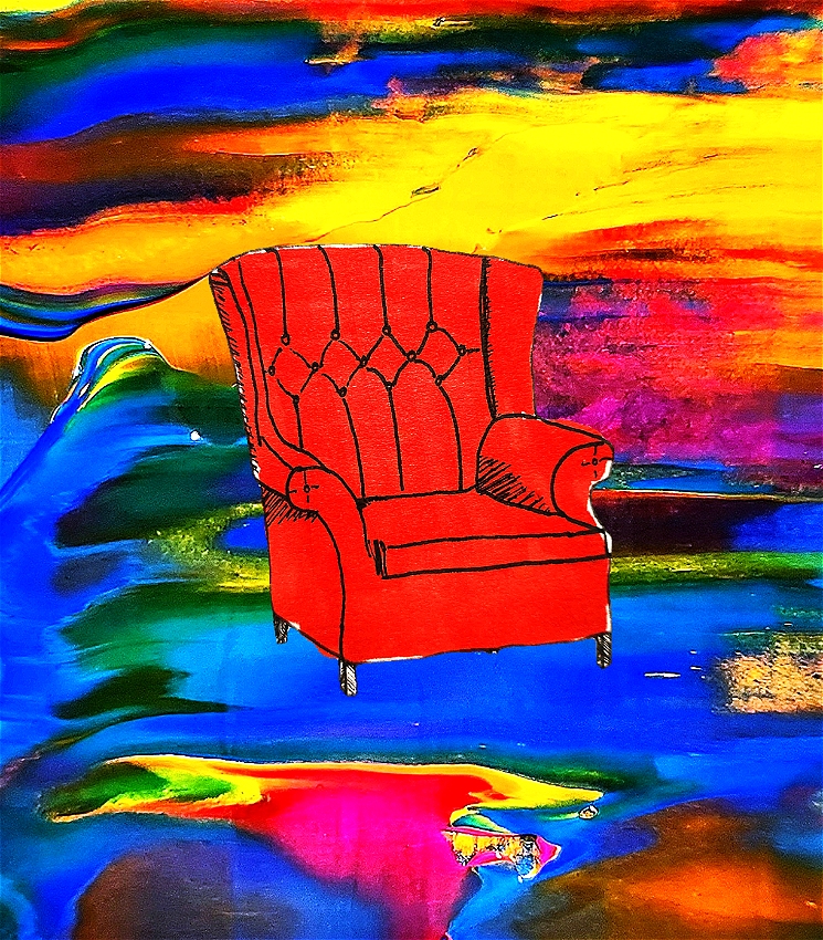 A drawn image of a red, plush cozy chair on a background of painted swirling rainbow colours.