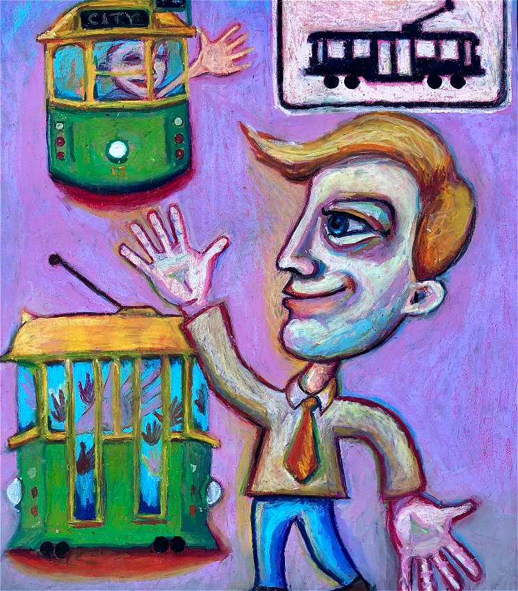 An oil pastel artwork using purples, greens and yellows to depict a man with a large head and hands waving at a tram. There are two trams on the canvas, one has someone waving back and another filled with hands. There is a tram road sign in the top right hand corner.