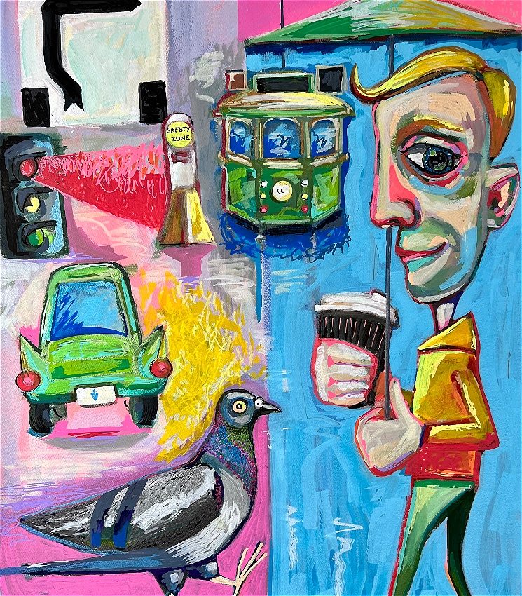 An acrylic painting split into two halves. The left half has a pink background and depicts a hook turn road sign, a red shining traffic light, a safety cone, the back of a green car driving and a pigeon. The right half has a blue background and depicts a man with an oversized head and hands, in a yellow hoodie and green pants holding a takeaway coffee with an umbrella. There is a tram in the centre separating the two halves.