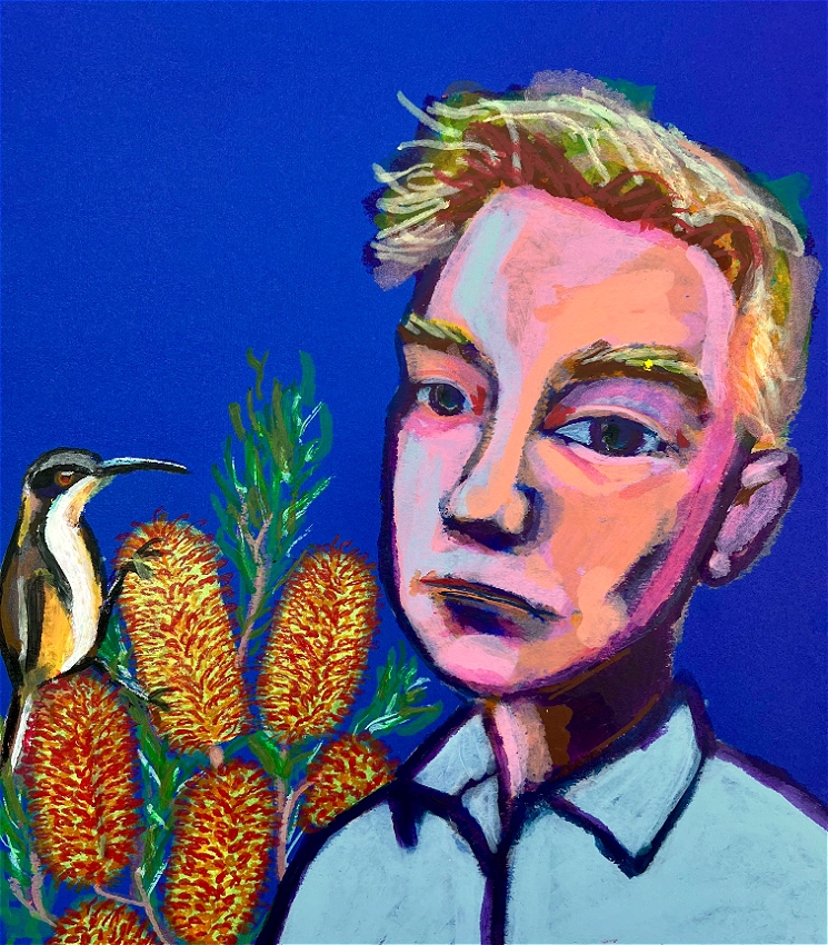 A paint stick painting on a dark blue background depicting a man's portrait. He is looking rather apathetic, and has blonde hair and is wearing a light blue shirt. In the background are some bottlebrush plants and a eastern spinebill bird.