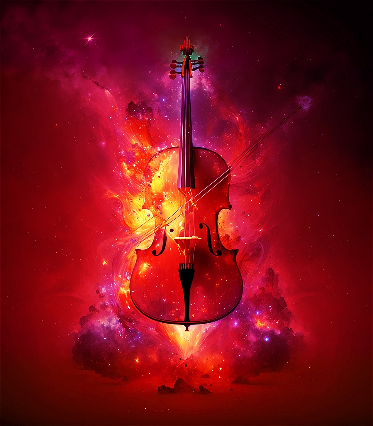 The image shows a cello appearing to explode in space, as a bow srikes its stringes. The cello is amidst fiery flames, the sparkling cosmos - where we see dark gas clouds and distant star systems resting on a magenta background.