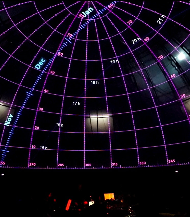 Musicians sit in a dark planetarium, their faces aglow from the iPad screens they are reading from. Above them, purple, pink and blue graphic datelines curves over them, outlining the domed ceiling.