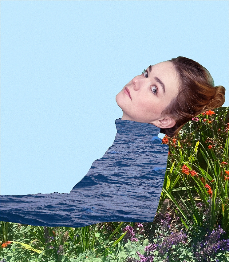 A white woman with her hair tied back in a bun is sitting in an arm chair facing the side. Her head is turned towards the camera. The image has been collaged so that the chair is a bed of flowers and the woman's top is the ocean. The background is solid light blue.