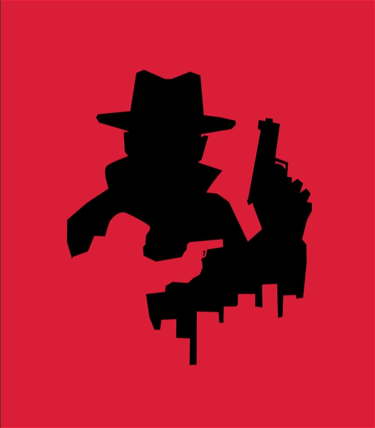 This image depicts a silhouette of a detective or spy character in a noir style. The figure is wearing a wide-brimmed hat and a trench coat, with the left arm raised, holding a gun. The silhouette is black against a solid red background, with the lower part of the figure blending into a stylized city skyline.