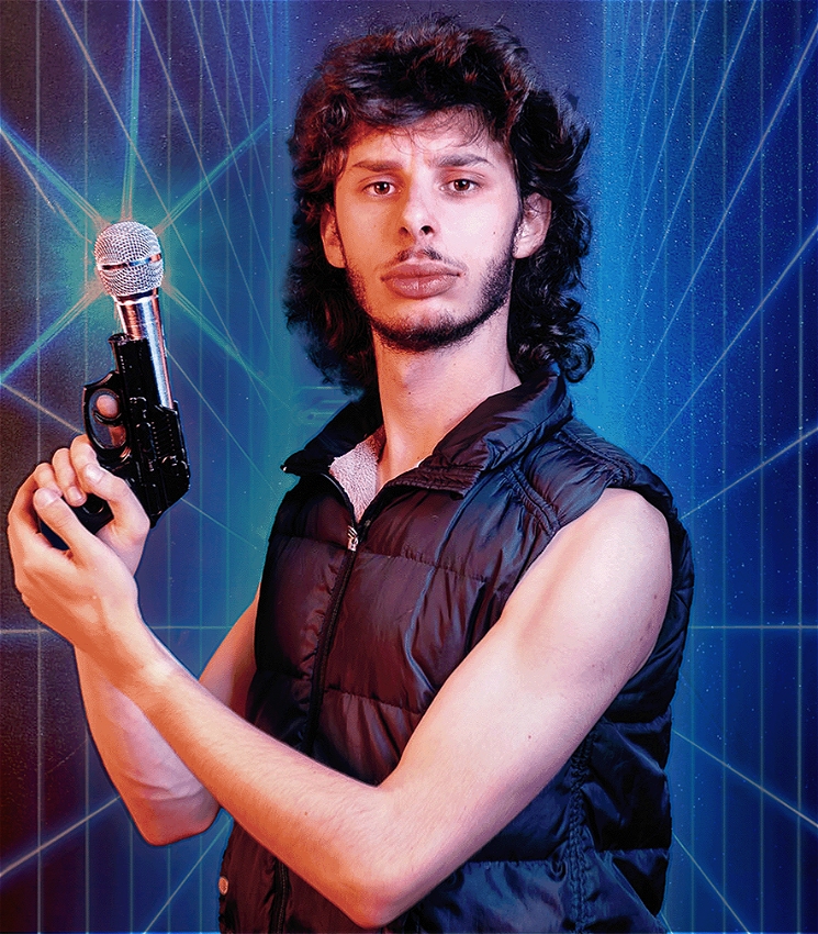 A young man with short dark hair, wearing a black vest, stands against a background of neon grid lines. He is holding a weapon. The bottom half of the weapon resembles a pistol, the top half of the weapon resembles a microphone.