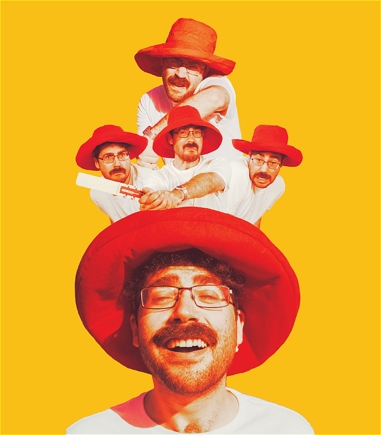 Striking yellow background. In the centre of the image is a 20sish year old man with a face of euphoric bliss, wearing a red hat. Above him are four collaged versions of himself playing cricket with odd expressions. The effect looks like a bouquet of flowers exploding out of the mans head.