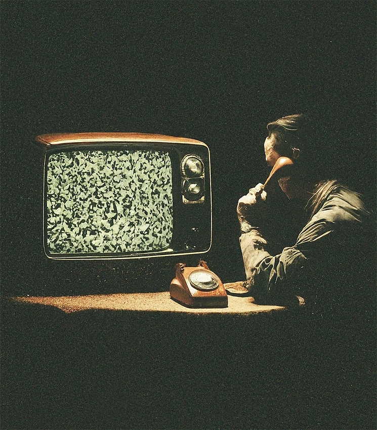 The image is of a man in a darkened room, sitting at a desk. He is holding the receiver of a red rotary phone to his ear and is facing a 1960s television, which is filled with static. He is caucasian with short brown hair, and is wearing a crumpled khaki shirt, the phone receiver is obscuring his face from view.