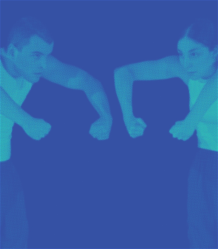 Two people standing opposite each other, wearing a white singlet and blue pants. Their elbows raised, fists clenched, with their gaze staring ahead. A blue tint and halftone effect filters the entire image.