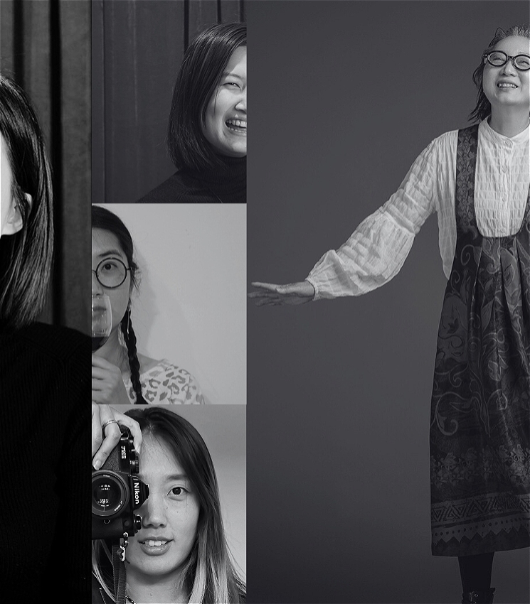 A black-and-white collage featuring various portraits of women. On the left, three close-up shots are displayed: one shows a woman with short hair smiling, the next captures a woman with braided hair and glasses, and the third image features a woman holding a camera. On the right, a full-body image of a woman in a patterned dress and glasses appears, with her arms extended and a joyful expression on her face.