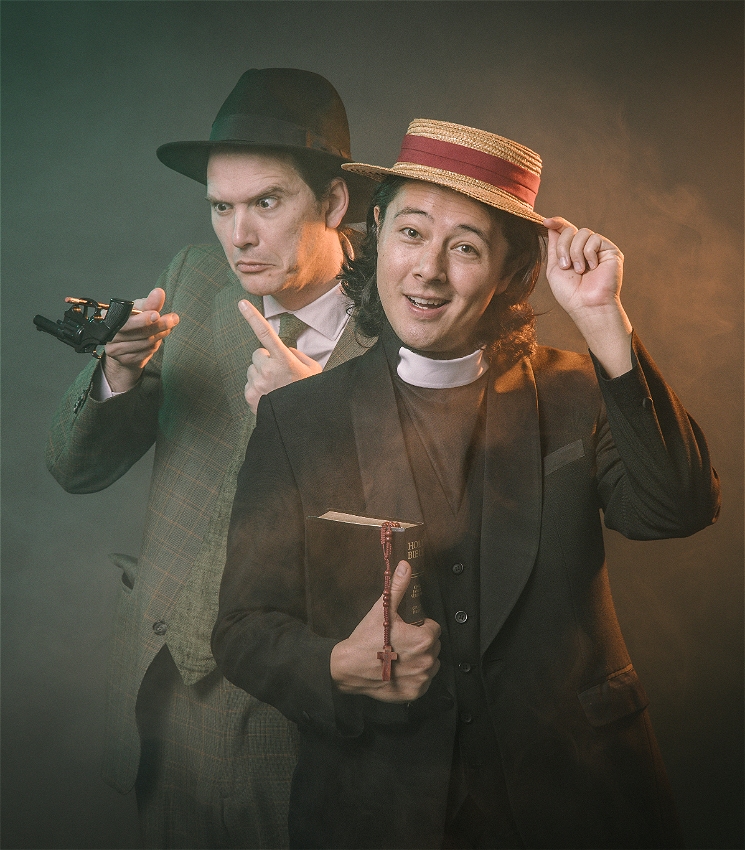 A friendly-looking priest tips his straw boater to the viewer as he holds his bible. Behind him, a man in a green suit and a fedora stares in confusion at a small revolver he holds aloft on the end of his pencil. The scene is foggy and moody.