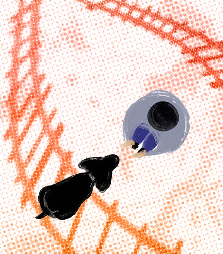 This top view image shows a world map made of shaded orange dots. Two hand-drawn train rails lie diagonally across the map. A kid with black hair, wearing a purple top and grey pants, sits on the map, arms outstretched in a hugging gesture toward a black dog walking toward him.