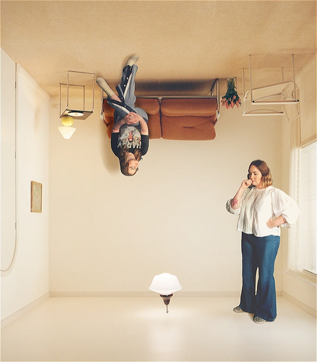 A recreation of Harry Styles' album Harry's House, in which there is an upside down living room. One person is standing upright, looking down thoughtfully. Another person is sitting on the couch looking curiously out the window. They are upside down.