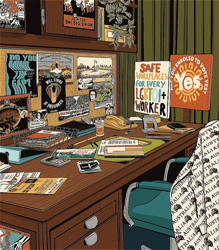 An illustration of a cluttered wooden desk with a variety of items, including a stapler, a potted plant, a can of soda, and a variety of papers. On the desk are two signs, one that says 