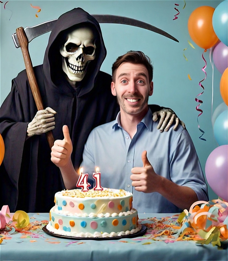 A cheerful man sitting at a decorated table with a colorful polka-dotted birthday cake displaying the number 