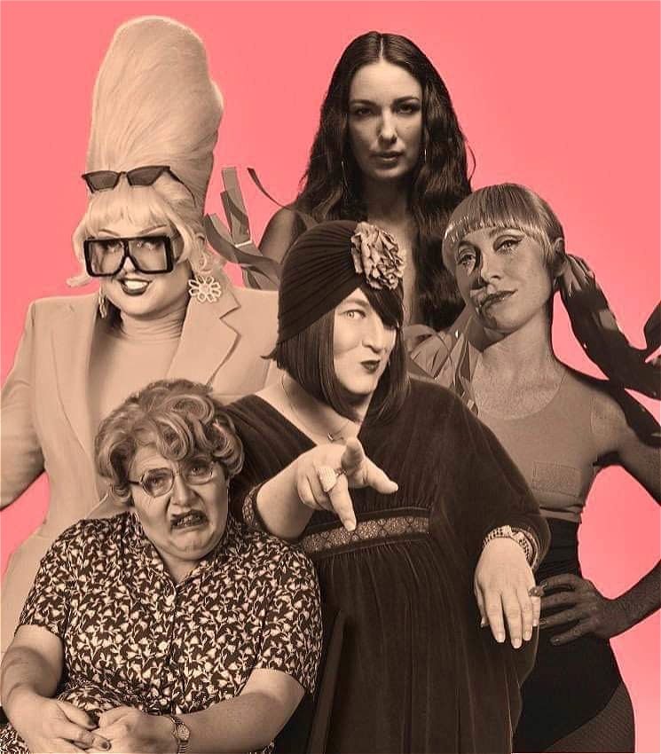 The cast of Seen & Heard are depicted in black and white against a candy pink background. From left to right: Lazy Susan with a beehive hairdo and sunglasses, Maureen McGillicuddy in a floral dress, Tina Del Twist in a mumu and cloche, Frankie van Kan with long, flowing locks, and Anna Lumb in a leotard and ribbons.