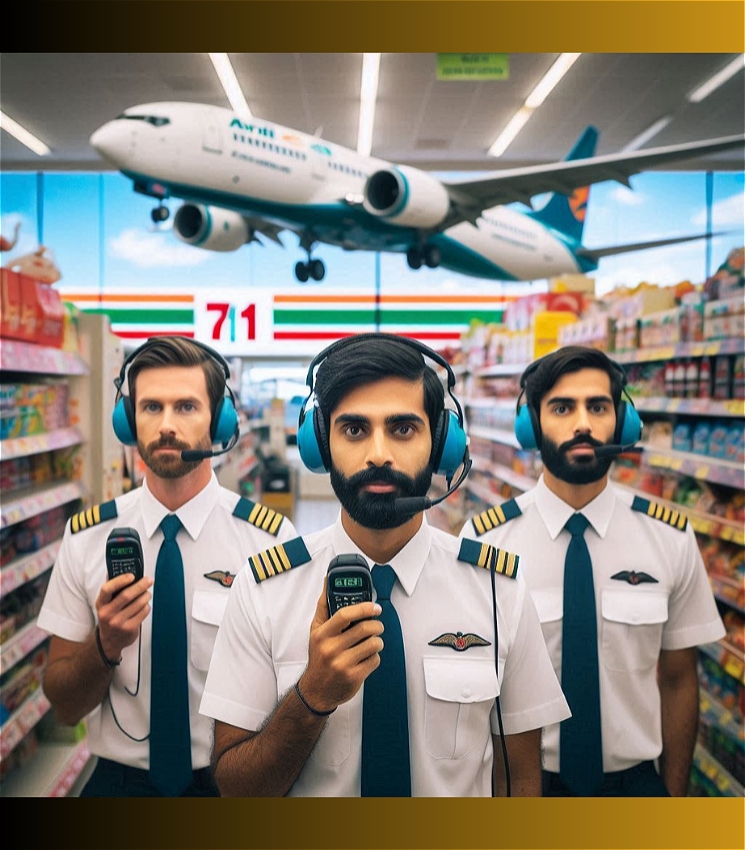 Three pilots are staring at the camera in a 7/11, with a plane behind them.