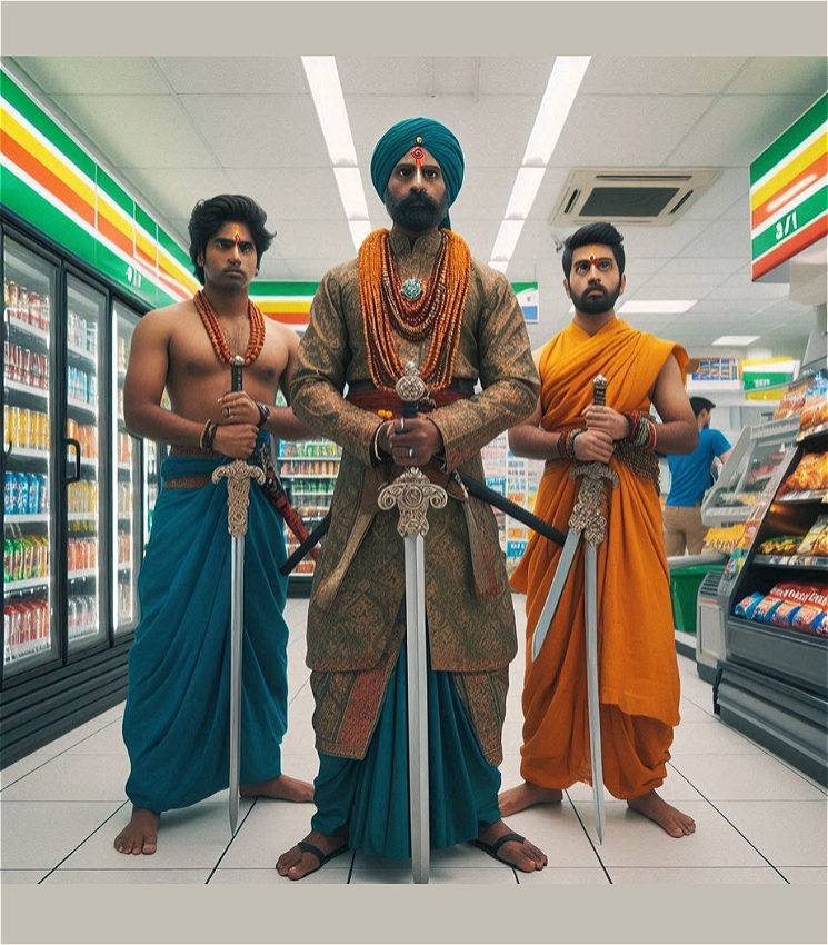 Three Indian men wearing traditional outfits and holding swords stand in a 7/11 staring above the camera.