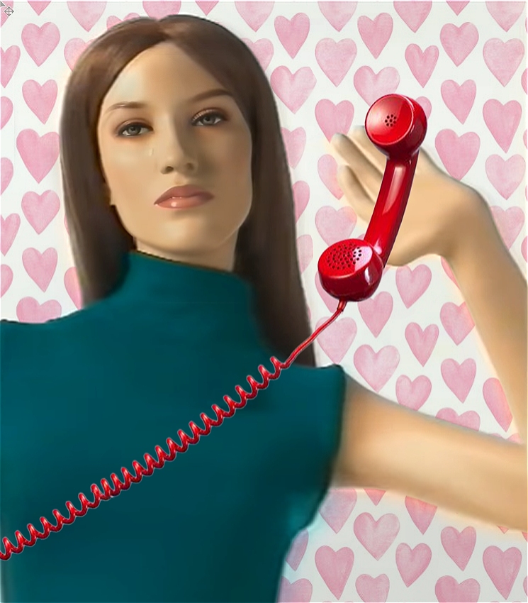 A female mannequin in a teal sleeveless top is holding a poorly photoshopped red phone with a long curly red cord. There are pink hearts in the background, like wallpaper. The image looks like it is from the 1990s.