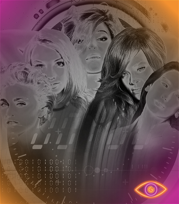 Pictured from left to right is Madonna, Britney Spears, Beyonce, Rihanna and Dua Lipa. In the background is an outline of a blurred watch face. There is purple and orange neon hue over the image with the Club Fringe logo, a neon eye, in the bottom-right corner.