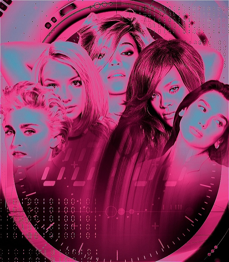 Pictured from left to right is Madonna, Britney Spears, Beyonce, Rihanna and Dua Lipa. In the background is an outline of a blurred watch face. The image is rendered with a black and pink filter.