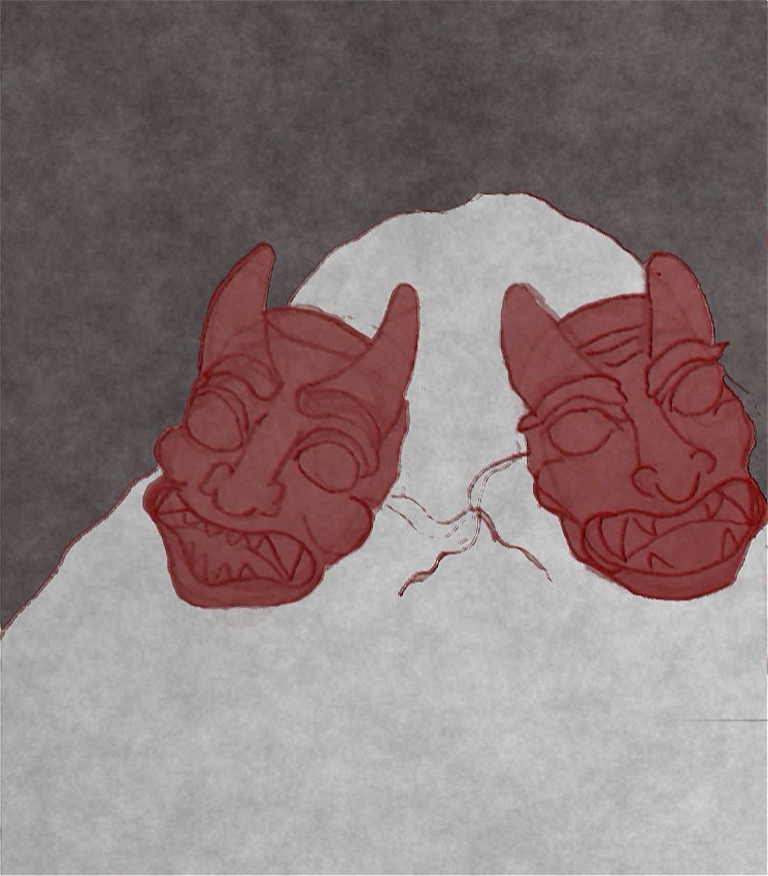 An illustration of two red demon masks sitting in snow, facing away from each other.