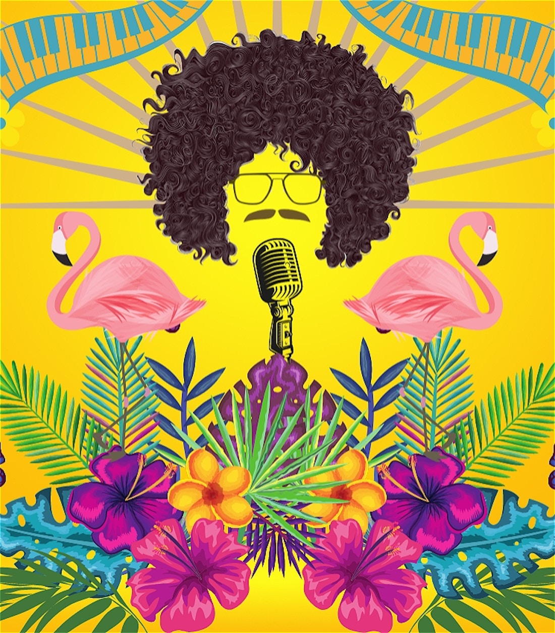 Cartoon depiction of 'Weird Al' Yankovic surrounded by Hawaiian flora, a microphone and piano, presented as an almost religious icon.