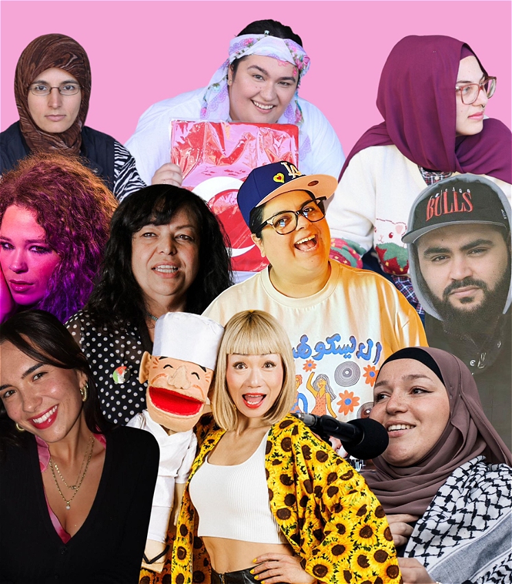 The image features a collage of diverse individuals, each with distinct styles and expressions, set against a pink background.