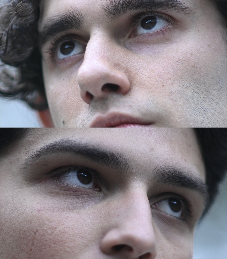 The image contains two close-up shots of faces. The top image shows the upper part of a face with curly dark hair, thick eyebrows, and a fair complexion. The bottom image shows another face with straight dark hair, slightly visible scars on the cheek, and well-defined eyebrows. Both images focus on the eyes and part of the noses, with no background visible.