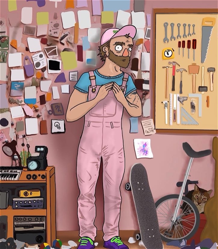 Cartoon like Illustration of a bearded man dressed in pink overalls and a pink hat standing in a room filled with assorted hobby items including a skateboard, unicycle and musical instruments. The wall behind him is scattered with various indecipherable notes and trinkets and a board with a range of tools hung.