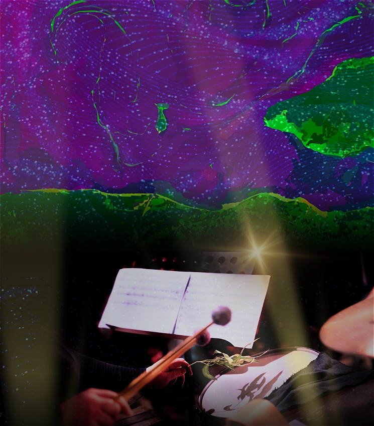 Two images collated into one - On the top is a satellite captured image of a phytoplankton bloom in the Sea of Marmara. The sea is blue and purple with green landmasses and there are swirling white lines of phytoplankton in the sea. On the bottom - is the image of someone playing drums with mallets and a leaf. A well lit score of music sits is in the background.