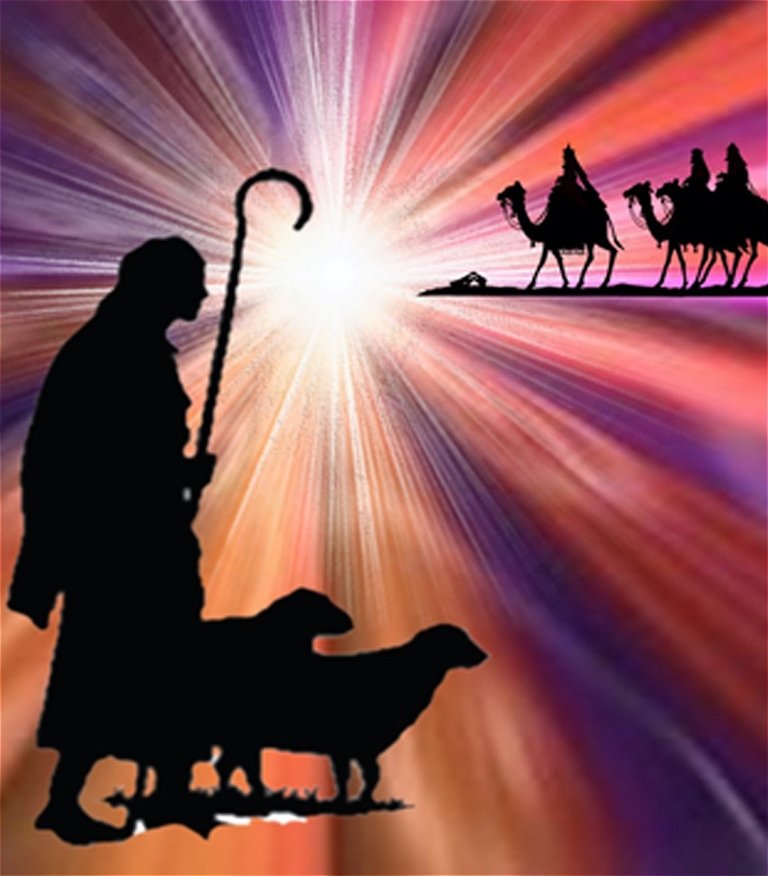 A star shines brightly in the background, illuminating all and throwing people into shadow. In the foreground, shepherd stands with two sheep. In the background, three kings ride camels.