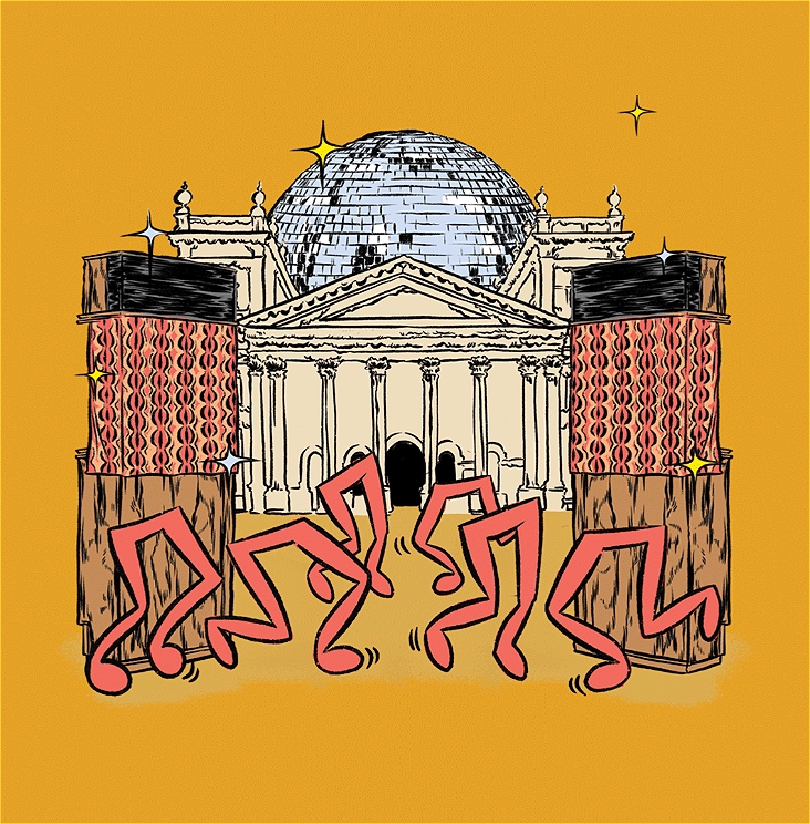 An illustration with an orange background of music notes dancing between speakers in front of the Victorian Trades Hall. The music notes resemble human legs, and the speakers are large and brown. Trades Hall is a large beige building with ornate columns and a classical style. Behind the building is a large disco ball, which emits sparkles.