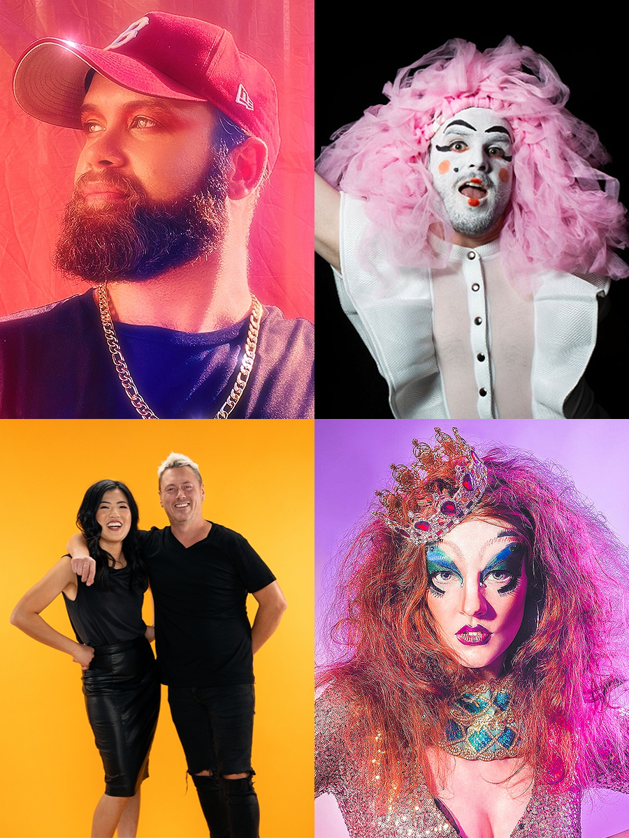 Four images in a collage. Clockwise from top left, 1"Photo of Garret Lyon with his head turned to the side wearing a red cap, black shirt and shining gold chain. 2 A person in white makeup and pink hair throwing a pink sheet. 3 Woman in drag with wild hair pouts seductively against a pink background.. 4 A woman and a man dressed in black standing in front of an orange background.